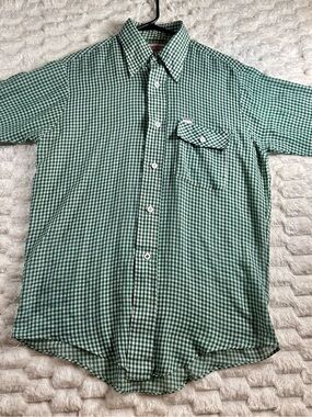 70’s Men's Green Gingham Short-Sleeve Button-Down VINTAGE!! Western look! sz Med